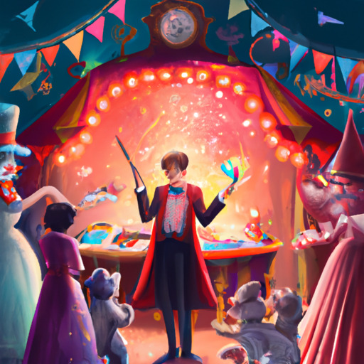 איור מסיבת יום הולדת עם קוסם במרכז